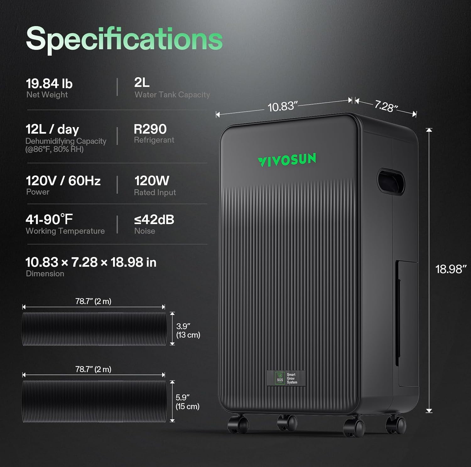 VIVOSUN AeroDrain D12 Smart Environmental Dehumidifier, up to 12L/day, 2L Water Tank, with Temperature & Humidity Sensor Probe, Smart Remote Control, Designed for Grow Tents