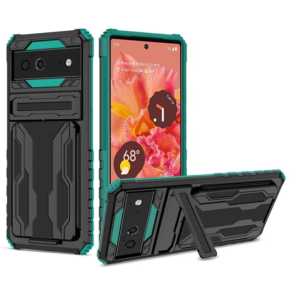 Feishell for Google Pixel 6 Wallet Case Credit Card Holder Stand Kickstand Rugged Hard PC   Soft TPU Shockproof Heavy Duty Defender Armor [Military Grade Protection] Grip Phone Case, Darkgreen