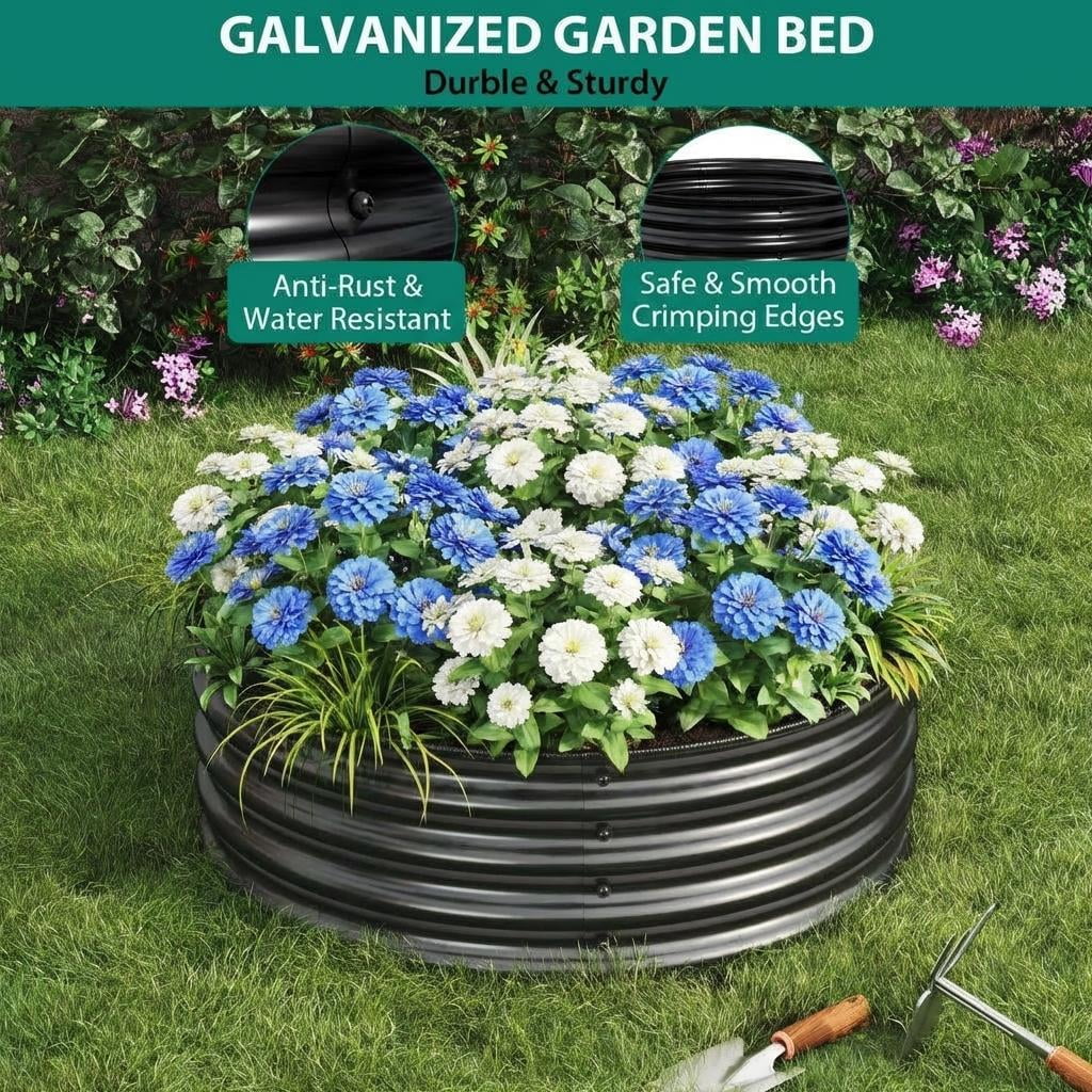 MAROUTE Rustproof Round Metal Raised Garden Bed – Open Bottom, Safety Edge, Easy Assembly, Black, 2x1FT, 2 Pack