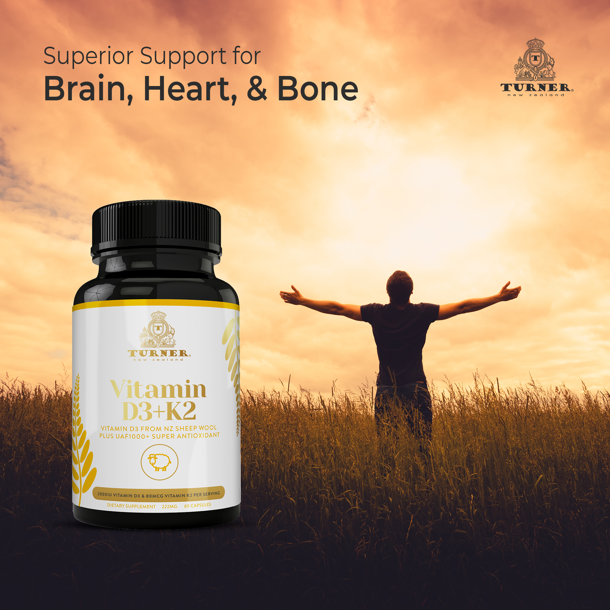 TURNER Grass-Fed Vitamin D3 and K2 Antioxidants Supplement, 60 Capsules