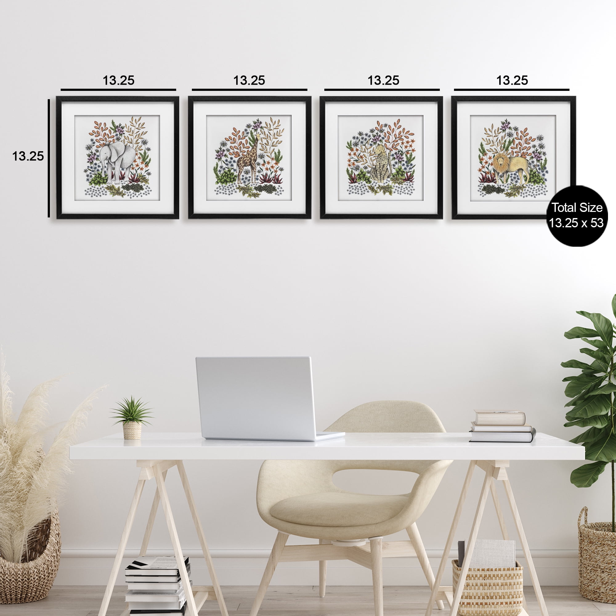 Jungle Wildlife & Botanicals 4 Piece Black Framed Print Under Glass Set, design by Cecilia Battaini