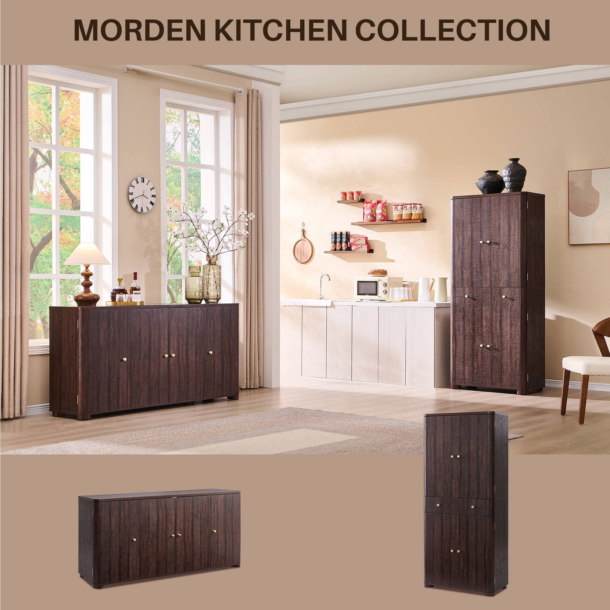 Aitjunz Kitchen Buffet Sideboard Cabinet, 66" Curved Coffee Bar Storage Cabinet with 4 Doors and Shelves for Kitchen, Dining Room, Brown