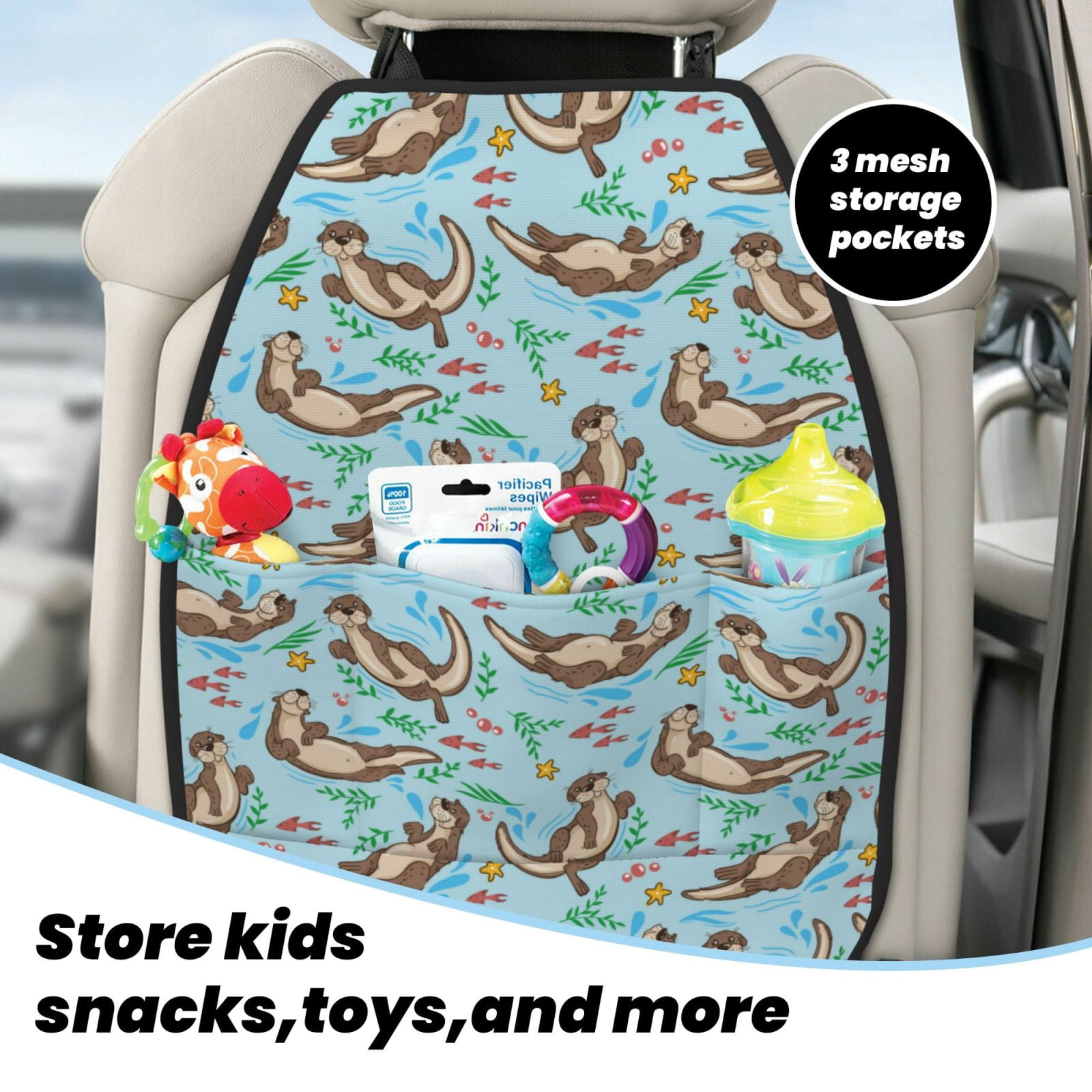 Xecao Cute Otters Pattern Car Seat Back Protector 2 Pack Large Capacity Pocket, Kick Mats Back Seat Protector