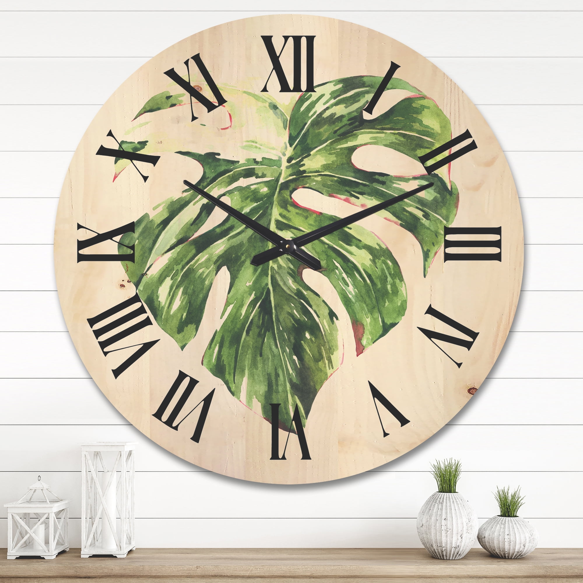 Designart 'Tropical Green Leaves On White In Summer Times III' Tropical Wood Wall Clock