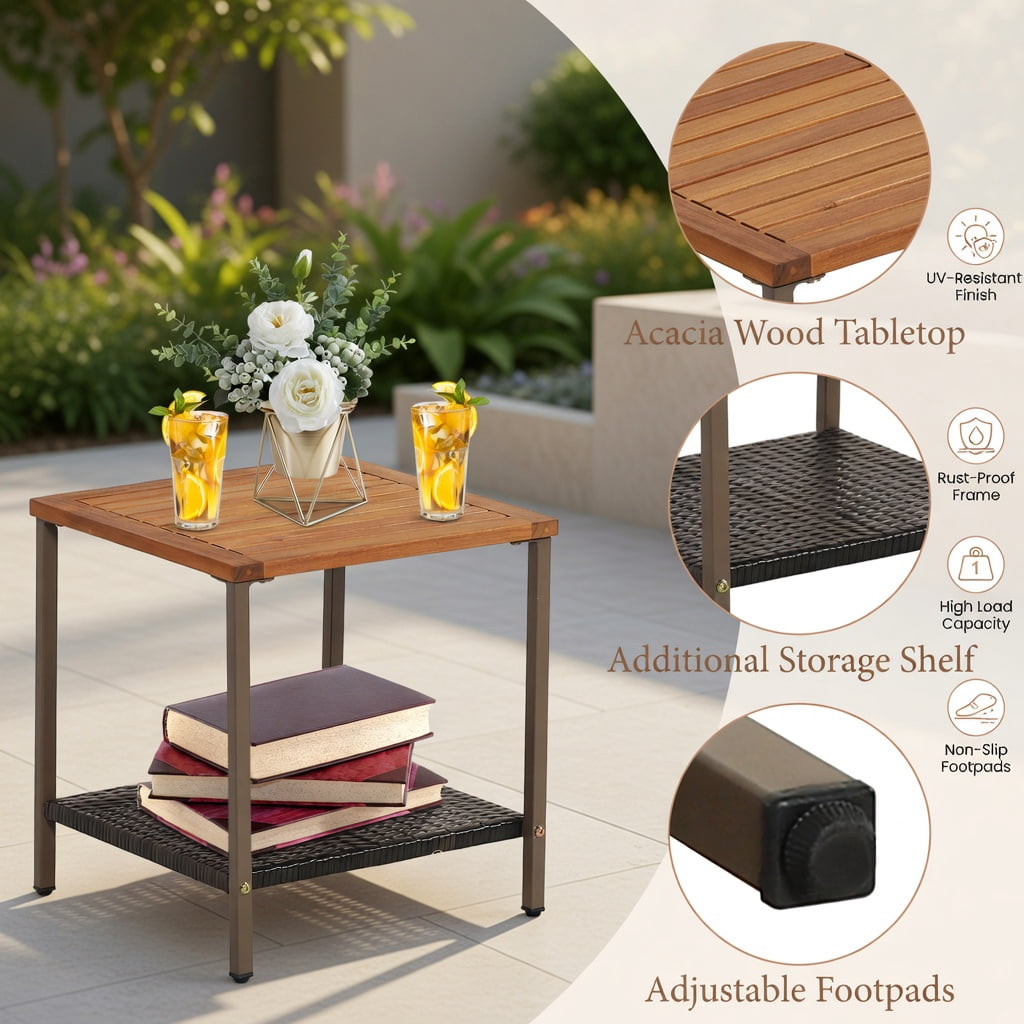 Hommoo 3-Piece Outdoor Rattan Rocking Bistro Set, Cushions, Acacia Wood Coffee Table, PE Rattan Chairs with Ergonomic Design, Gray