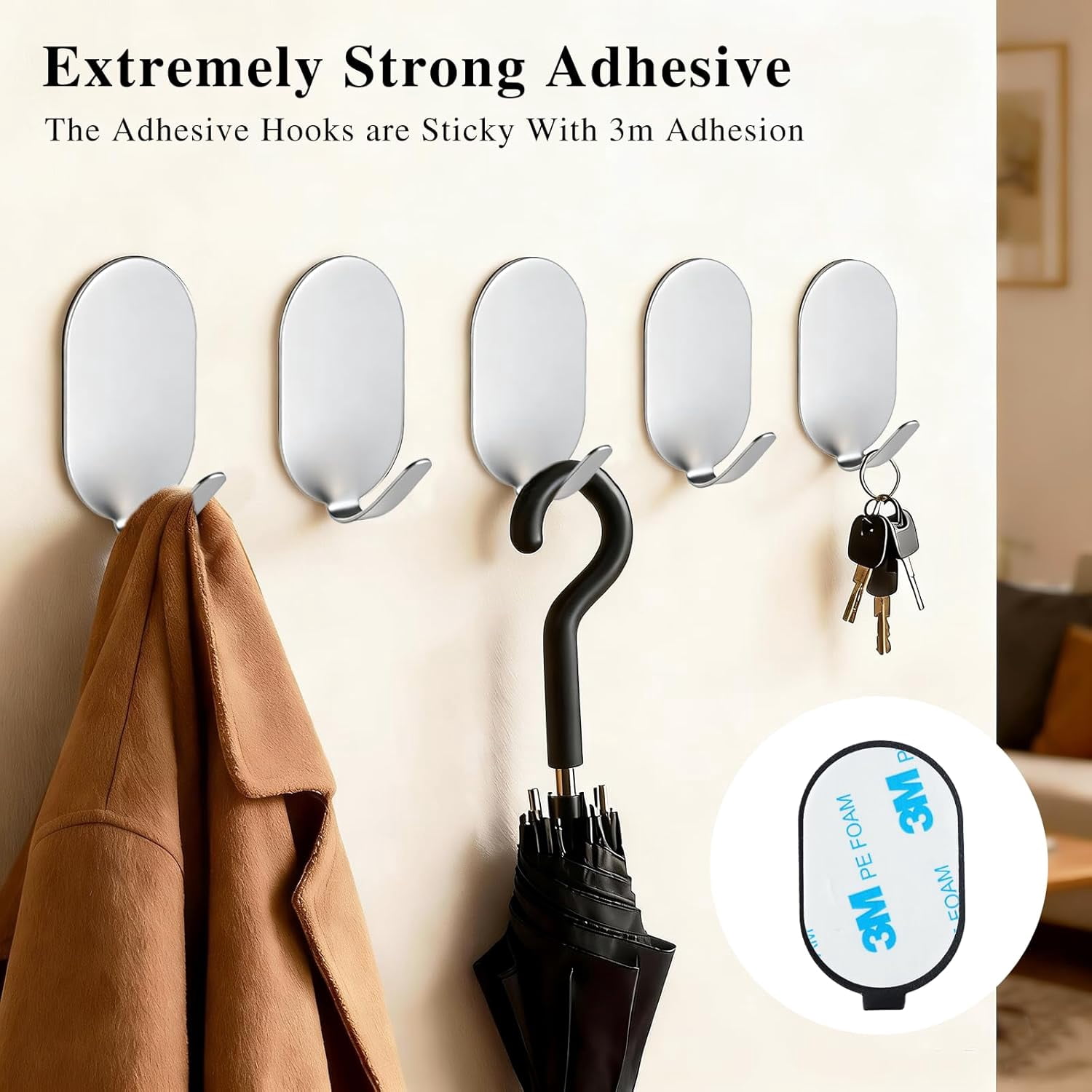 FRKSMD-Sticky Adhesive Hooks for Hanging, Key Hooks, Stainless Steel Wall Hooks, Command Hooks, Coat Hooks, Door Hooks, Towel Hanger, Metal Hook, Utility Hooks,Picture Hanger, Storage Hooks,10Pcs (Si