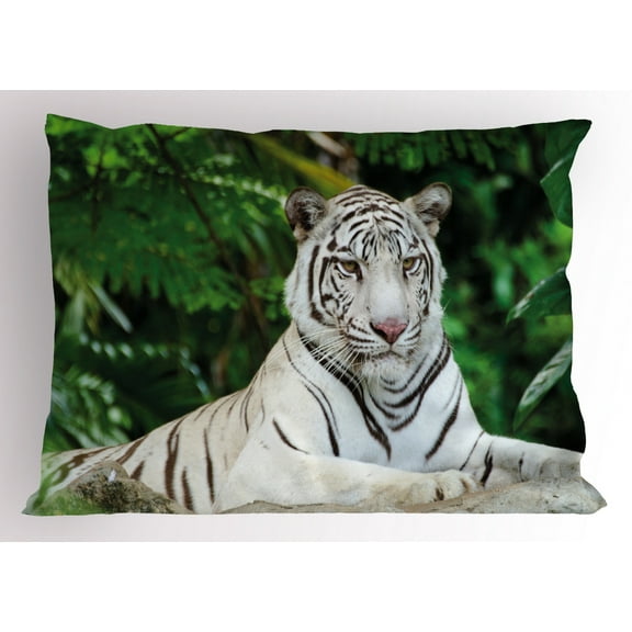 Tiger Pillow Sham Albino Bengal Cat Sitting on a Rock in Forest Southeast Asia Indigenous Species, Decorative Standard Queen Size Printed Pillowcase, 30 X 20 Inches, Fern Green White, by Ambesonne