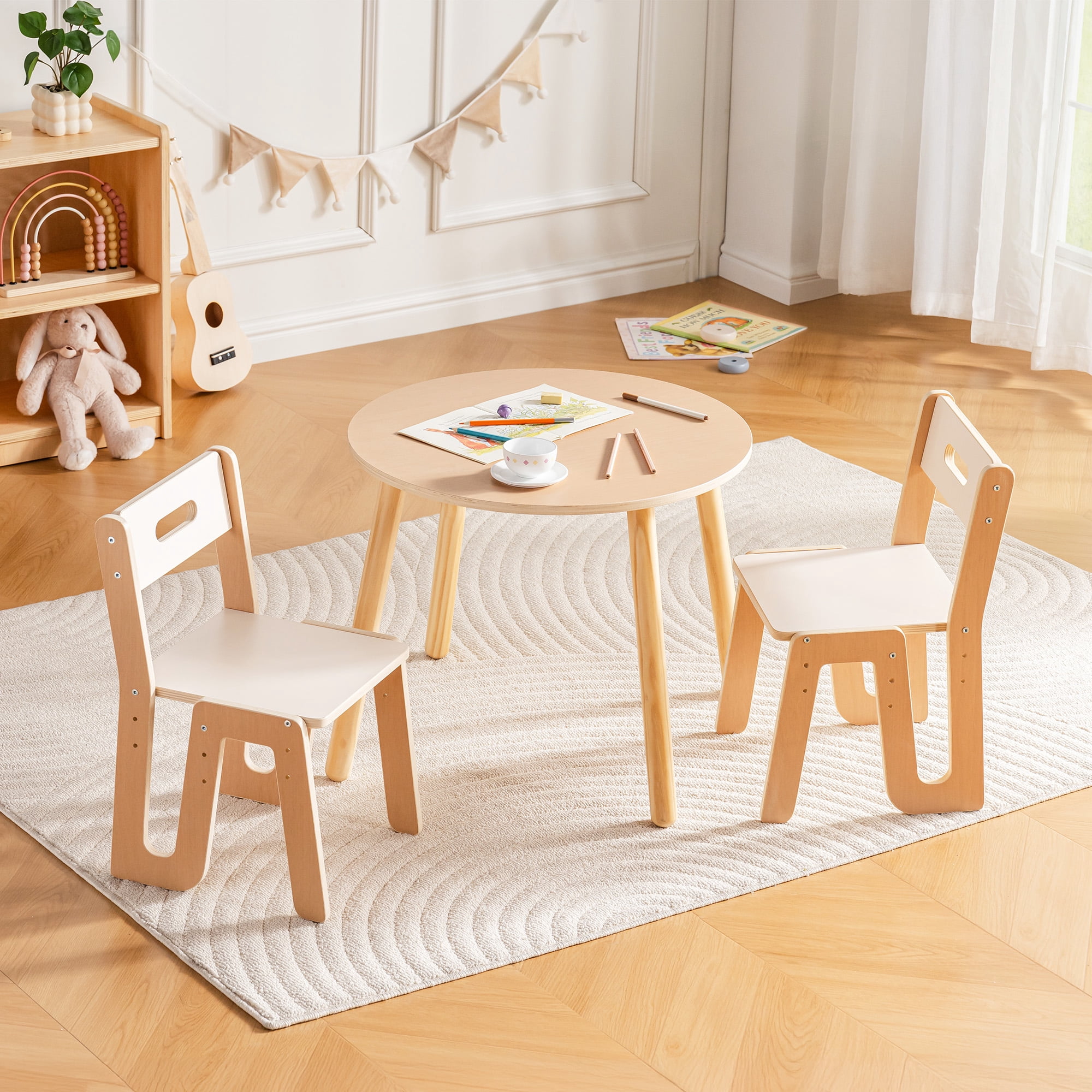 Robud Wooden Toddler 2 Chair and Talbles Set, Sturdy Round Table  Erasable Graffiti Desktop Kids Chairs, Classroom/Daycare/Home, Children Multi-Activity Table for Ages 3+