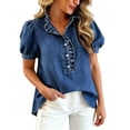 thumbnail image 5 of Womens Summer Shirts Puff Sleeve Button Down Denim Oversized Tshirts for Women Blue M, 5 of 9