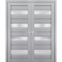 Interior Solid French Double Doors Frosted Glass | Veregio 7455 Matte Grey | Wood Solid Panel Frame Trims | Closet Bedroom Sturdy Doors -36" x 84" (2* 18x84)