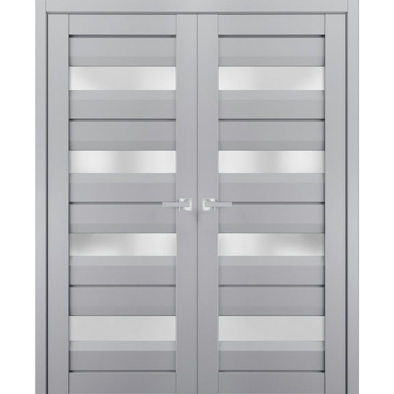 Interior Solid French Double Doors Frosted Glass | Veregio 7455 Matte Grey | Wood Solid Panel Frame Trims | Closet Bedroom Sturdy Doors -36" x 84" (2* 18x84)