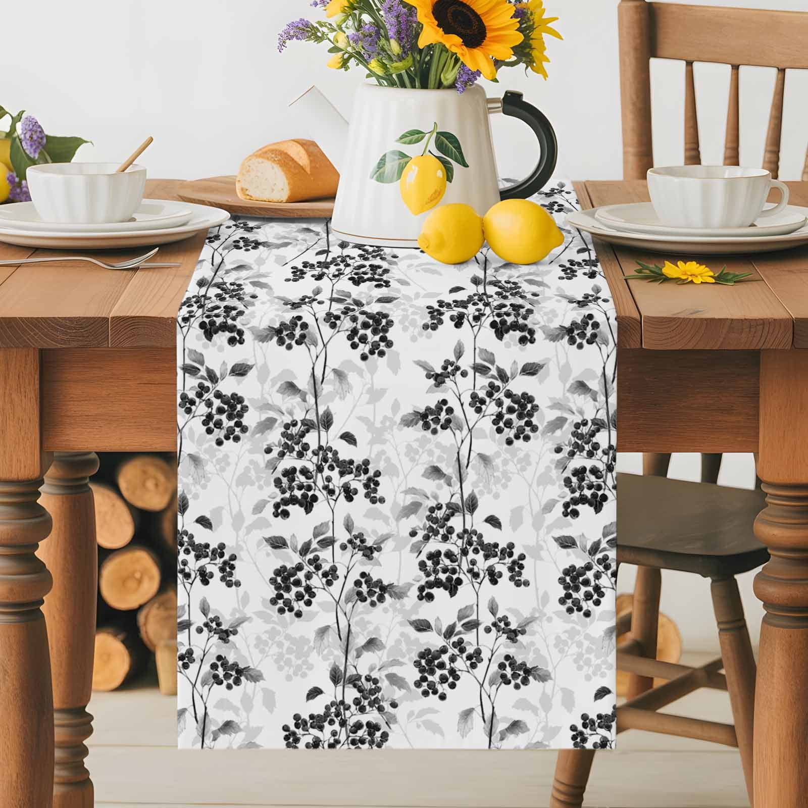 Black-gray Fruit Leaves on White Table Runner 90 Inches Long, Vintage Botanical Table Runners Tabletop Scarf Kitchen Dining Tables Decoration for Home Party Indoor Outdoor