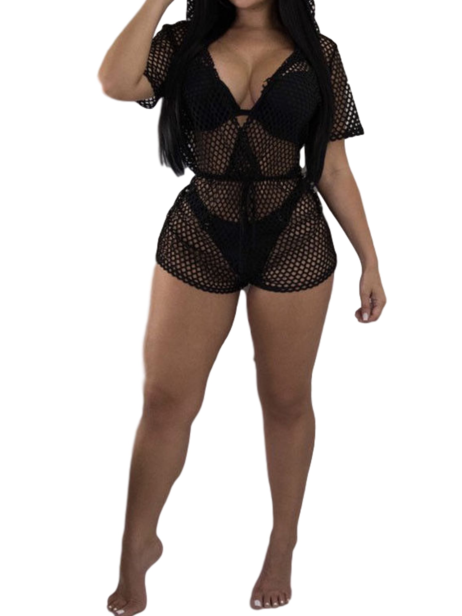 Pudcoco Women Black Mesh Fishnet Hooded 