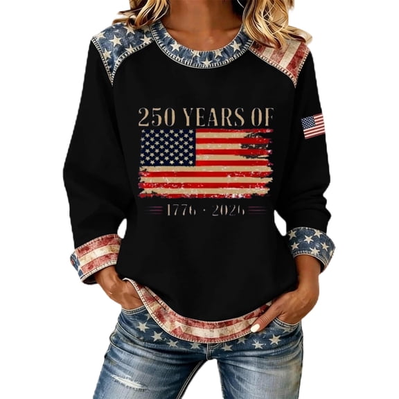 Womens Sweatshirts Women's 250th Anniversary Print Sweatshirt Without Hood Crew Neck Long Sleeve Casual Pullover Black L