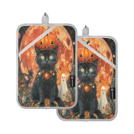 

WOBOGO Pumpkin Element Black Cat Oven Mitts 2 Piece Heat Resistant 338 Degrees F Square Insulation Pads for A Wide Range of Cooking Occasions