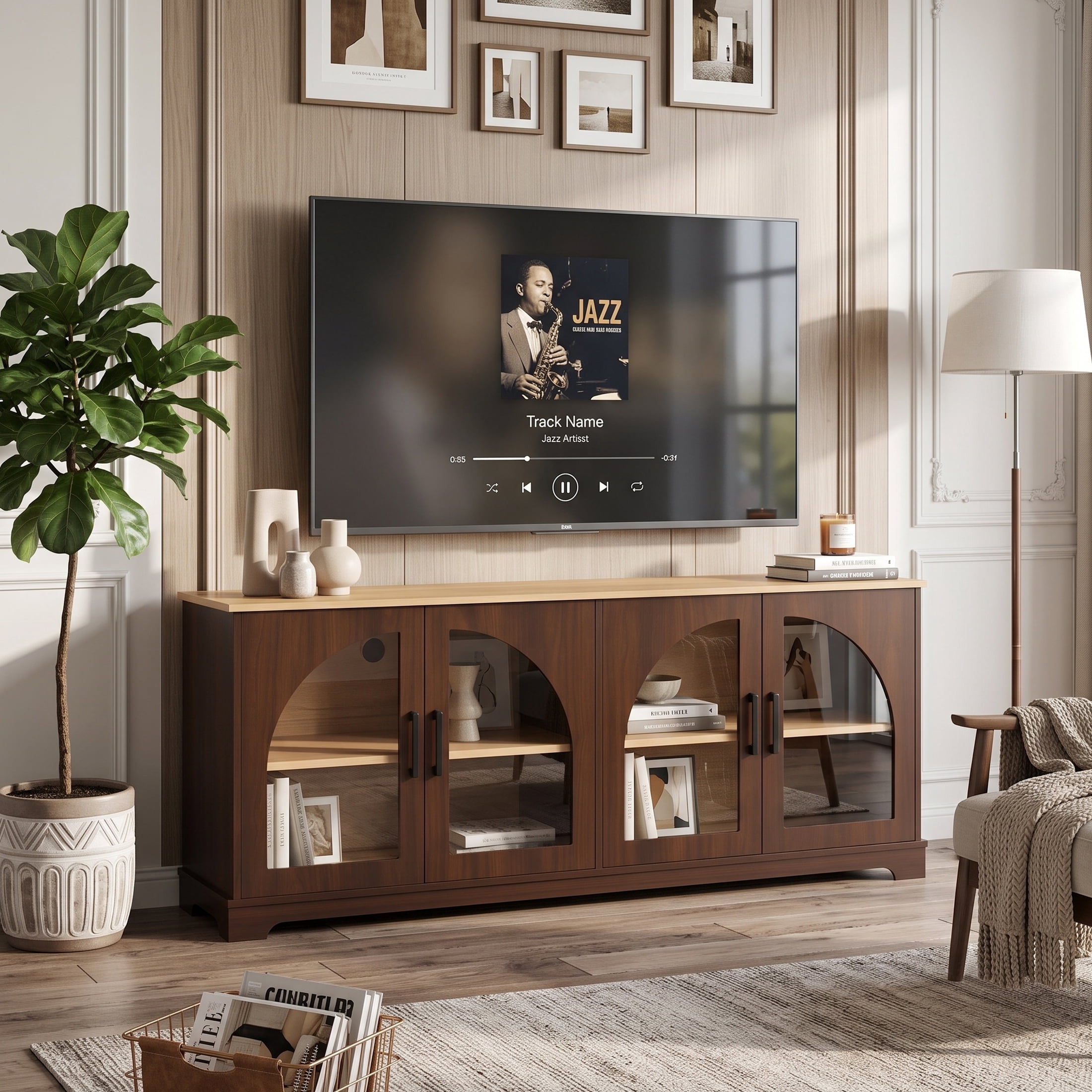 Homy Casa 67" TV Stand for TVs up to 70", Arched Glass Doors and Adjustable Shelves, Walnut