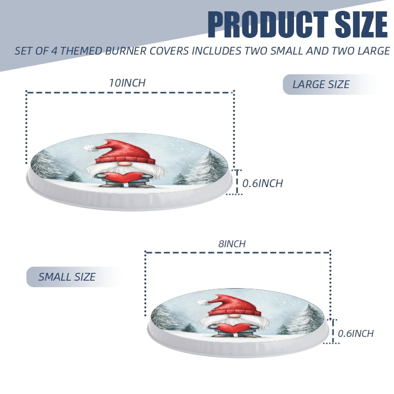 Christmas Round Electric Stove/Range Burner Cover, Christmas Red Hat Gnome with Heart Mental Durable Conceals Gas Burner Covers Set of 4 for Kitchen Holiday Decor, 8 Inches and 10 Inches