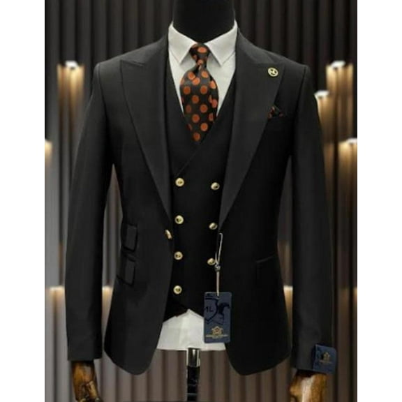 Mens One Button Peak Lapel Vested Wool Suit with Gold buttons in Black