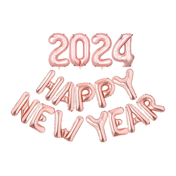 Matsuzay Globo metálico de Feliz Año Nuevo para colgar en la pared para decorar el hogar, lámina para exteriores no tóxica 2024 para Kits de decoración para fiestas Oro rosa