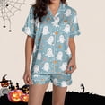 thumbnail image 6 of Women's Halloween 2PC Pajamas Set Short Sleeve Lapel Button Down Shirt And Shorts Lounge Set Print Homewear with Pockets Light Blue S, 6 of 8
