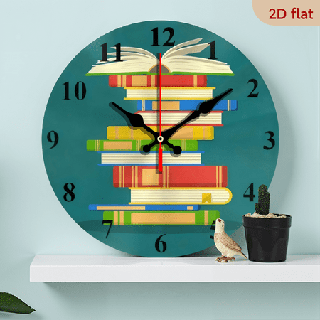 10-inch 2D flat Stack of Books theme, wooden circular silent wall clock, suitable for modern home art decoration, wall decoration, it is an ideal gift for festivals and birthdays