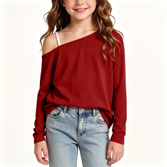 Girls Solid Off Shoulder Sweatshirt Long Sleeve Drop Shoulder Pullover Tops Trendy Casual Clothes Outfits Red 8-9 Years