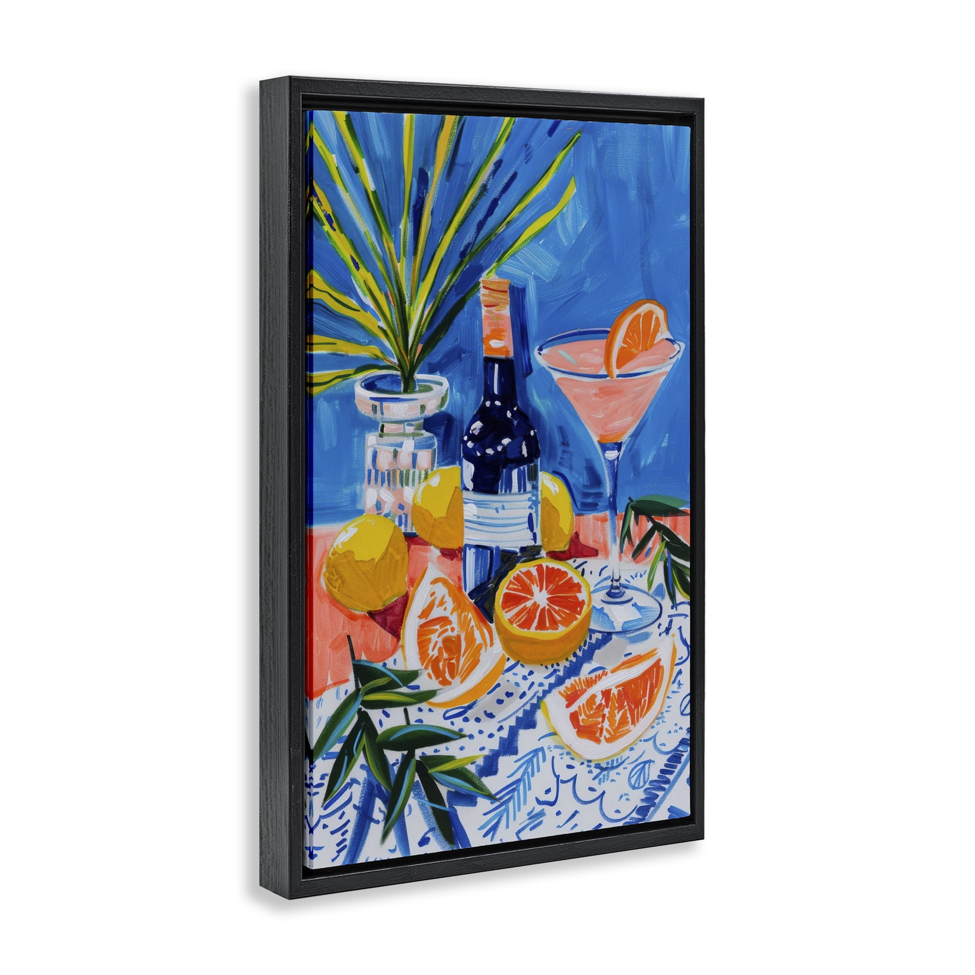 Stupell Industries Wine Bottle & Citrus Food & Beverage Painting Black Floater Framed Canvas Art Print Wall Art, 17 x 25