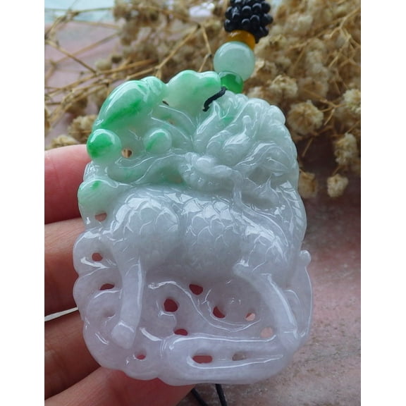 Certified Green Burma 100% Natural A Jade jadeite Pendant  Dragon Kai Lun Lotus Flower Ruyi 660367 TN