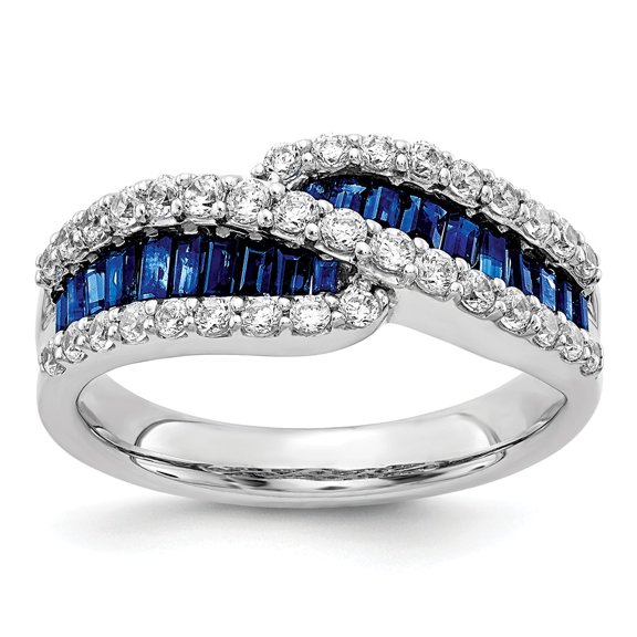 14K White Gold Ring Band Gemstone Sapphire Baguette Blue Diamond Round, Size 7