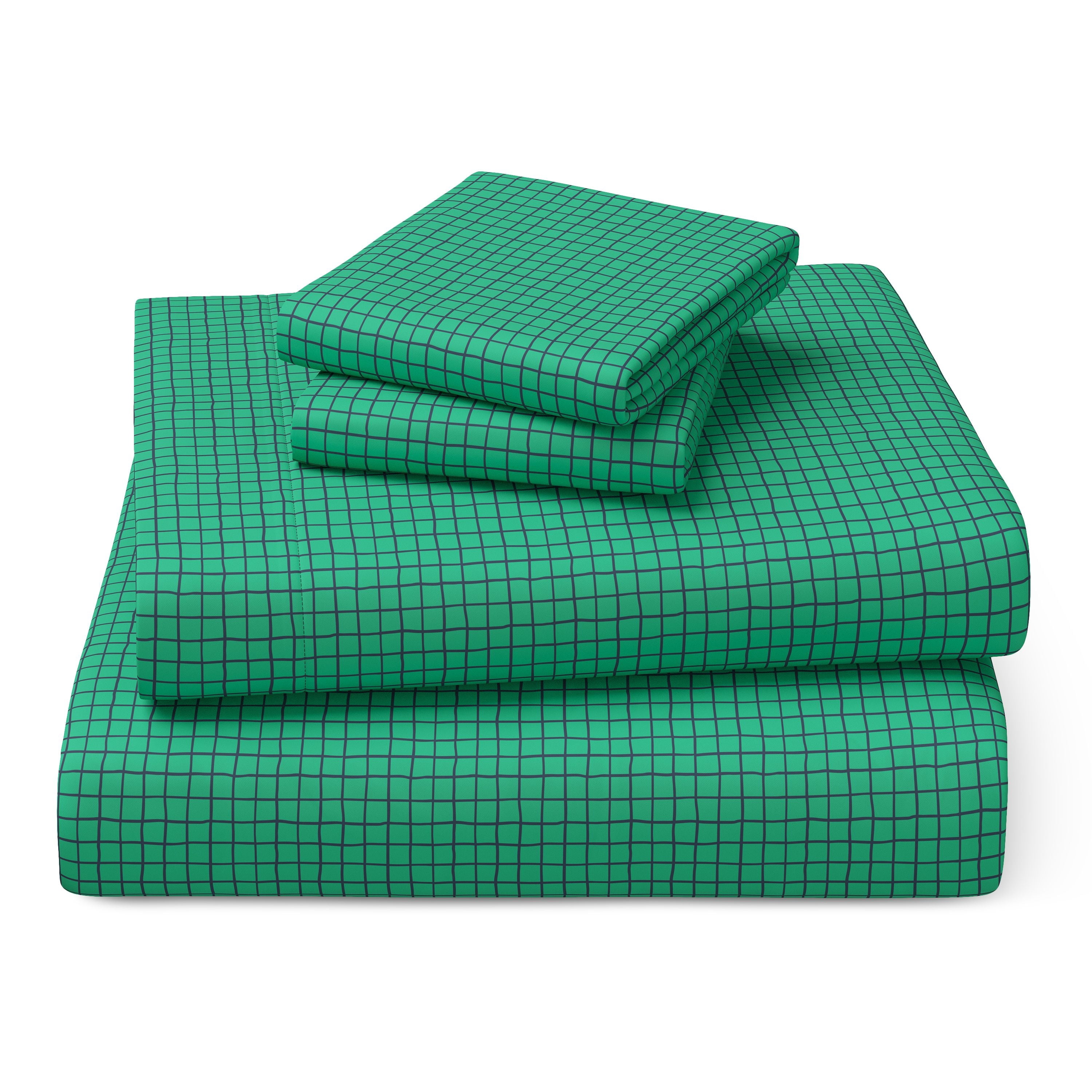 Mainstays Kids Microfiber Bed Sheet Set, Queen, Green Grid, 4 Pieces