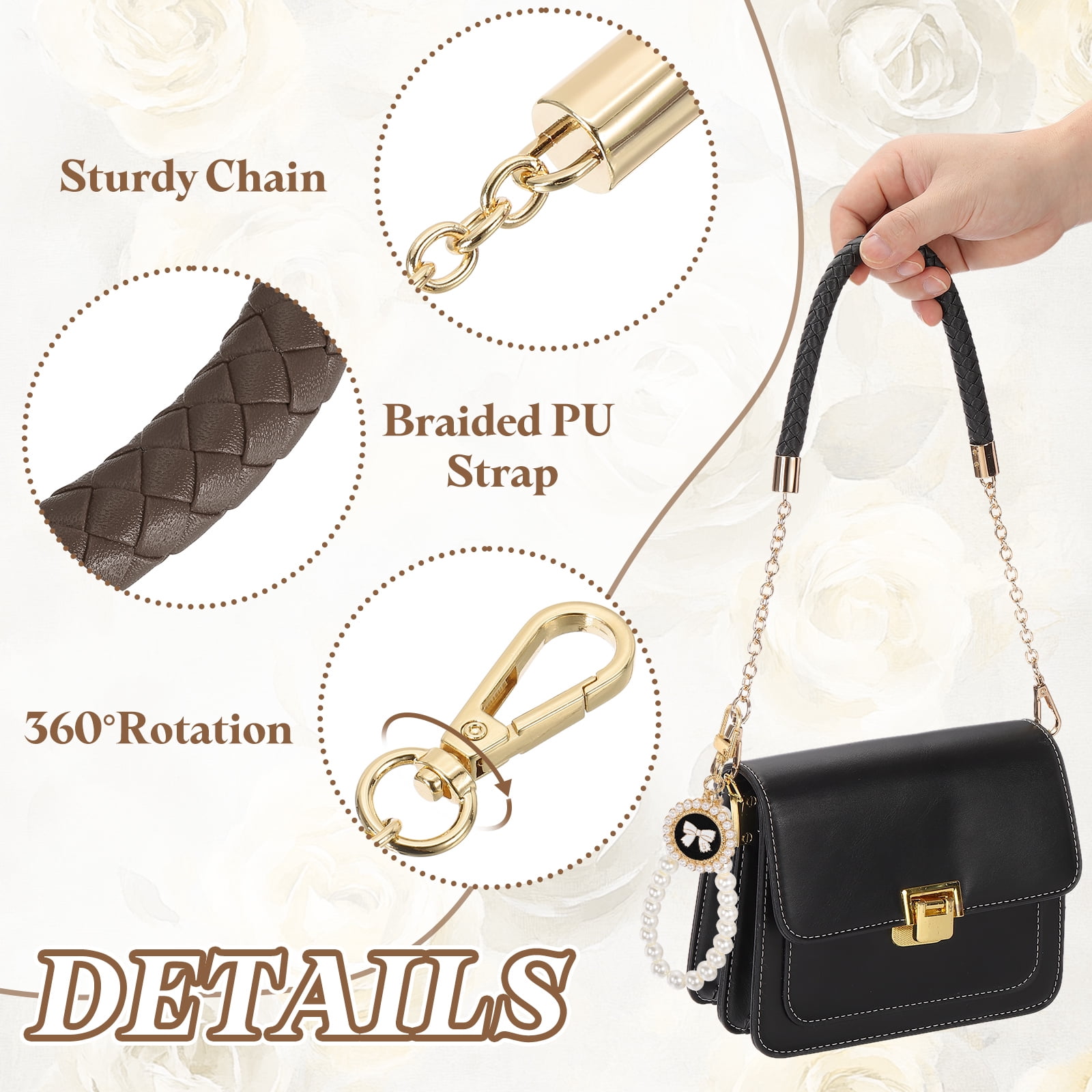 Uxcell 2 Pcs PU Leather Chain Purse Strap, 23.6 Inch Braided Purse Handles Replacement Strap with Pearl Pendant for Tote Bag Handbag Underarm Bag (Dark Brown, Light Gold Chain)