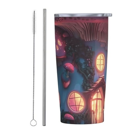 

A cozy mushroom house in the forest 20 oz stainless steel cup with lid and straw double layered vacuum coffee cup ice and hot drink travel cup car travel insulated cup