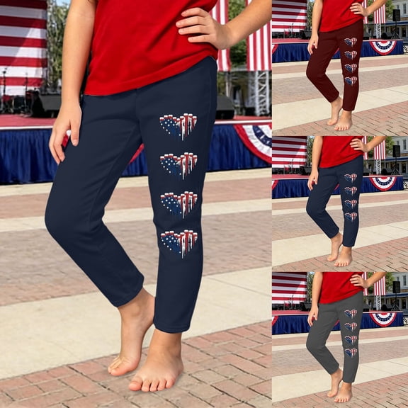 Toddler Pants Girls Usa Independence Day Print Stretchy Leggings Athletic Casual Dark Blue 3-4 Years