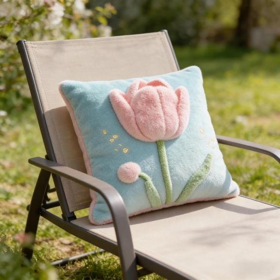 Tulip Print Faux Fur Throw Pillow Covers - 45cm Double-Sided Short Plush Cushion Cases, Spring Floral Decor for Sofa, Couch & Bedroom, No Insert