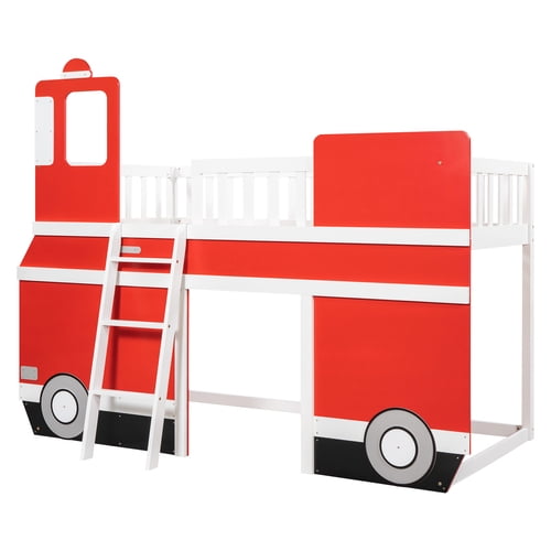 Churanty Twin Size Loft Bed with Underbed Storage Space Red Bus