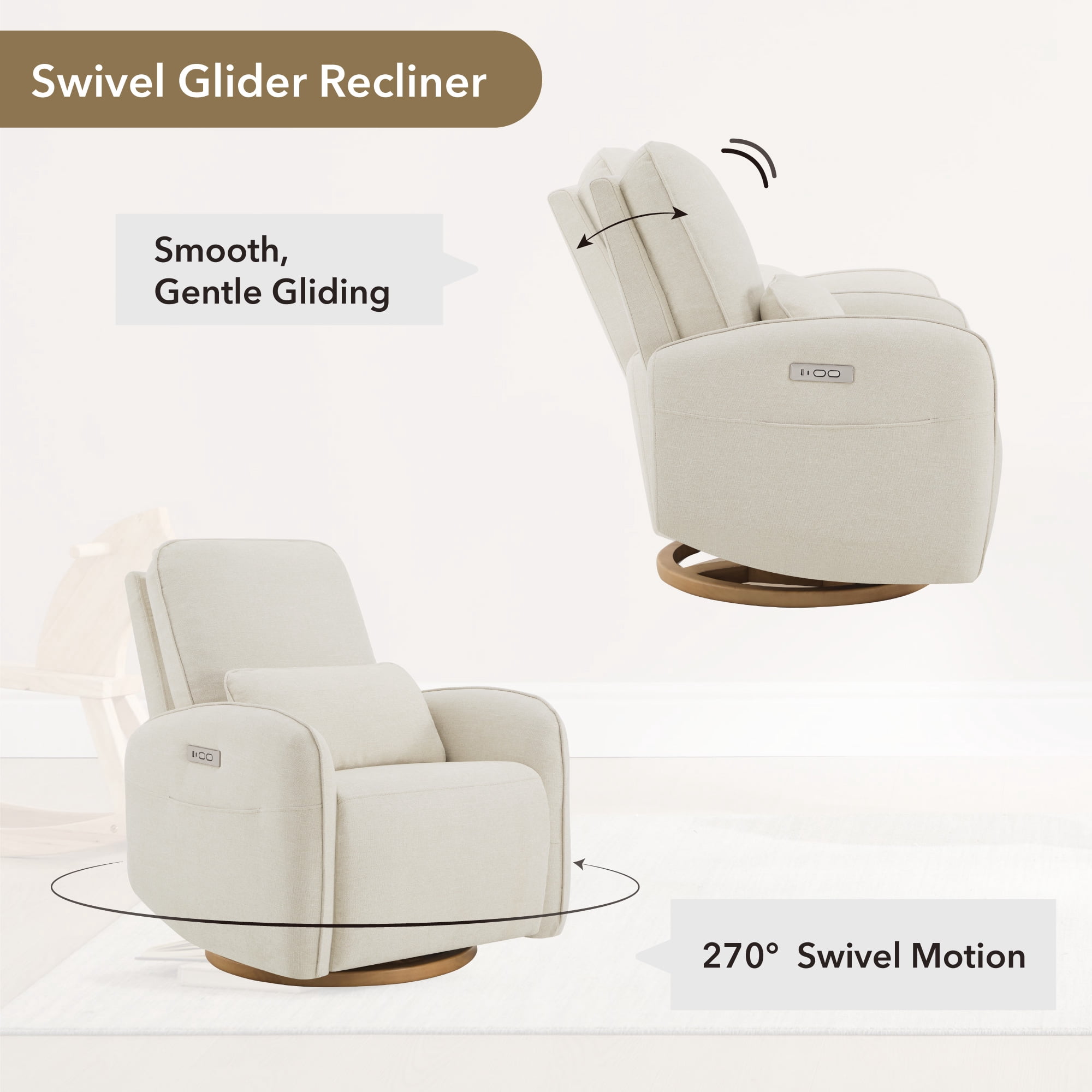 Spruce & Spring Power Swivel Nursery Glider with Lumbar Pillow and Charging Port for Living Room, Linen