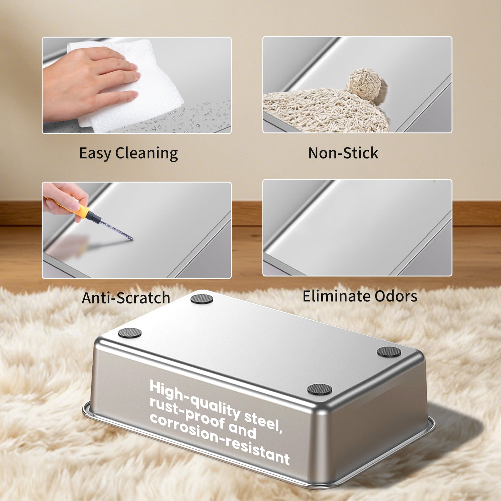 Fully Enclosed Stainless Steel Cat Litter Box, Odor-Proof, Anti-Leak & Anti-Splash, 3 Modes Convertible with Step Footrest, Easy Clean for Indoor Cats, Silver