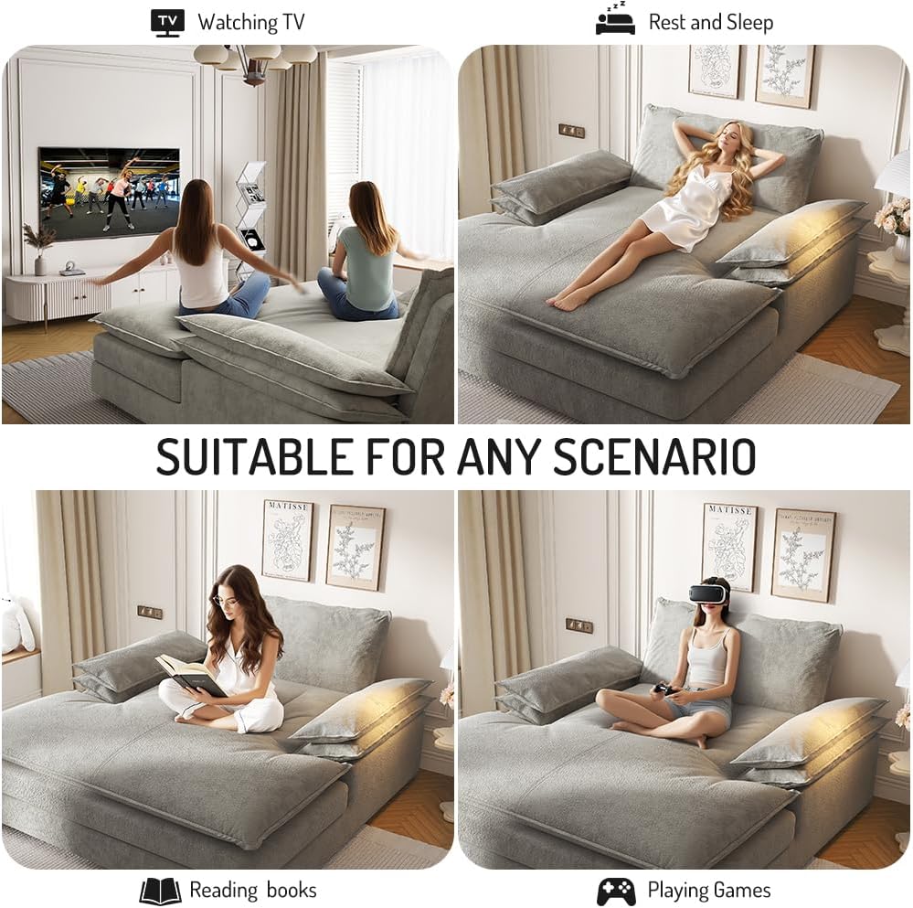 80'' Oversized Chaise Lounge Chair Indoor, Cloud Sofa Couch, Modern Deep Seat Recliner, Upholstered Chenille Sleeper Loveseat with Large Pillow Arms for Living Room, Apartment, Balcony, Grey