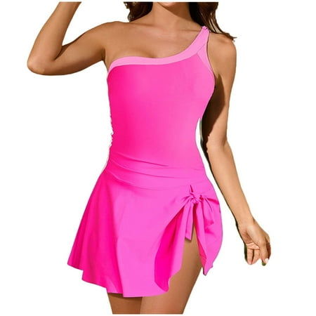 Wdfiry Women s One Shoulder One Piece Swimsuits Color Block Tummy Control Tie Knot Bathing Suit Seamless Swim Dress