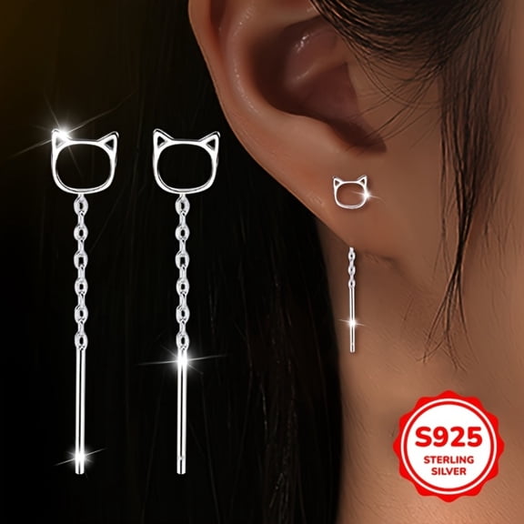 ATJIA Silver-tone Cat Threader Earrings for Women Cute Animal Head Chain Drop Earrings Dainty Minimalist Piercing Jewelry Gift