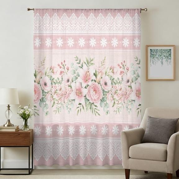 Pink Flowers Sheer Curtains 72 Inches Long, Romantic Botanical Blooms Floral Stripes Light Filering Curtains, Breathable Simi Curtain Privacy Drapes for Living Room Bedroom Window Treatment