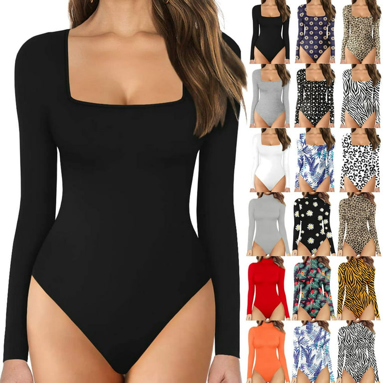 VEKDONE 2024 Clearance Women Tummy Control Bodysuits Elegant Square Neck  Long Sleeve Bodysuit Rumpers Sexy V Neck Tops, Summer Casual Swimsuit for  Women for Vacation 