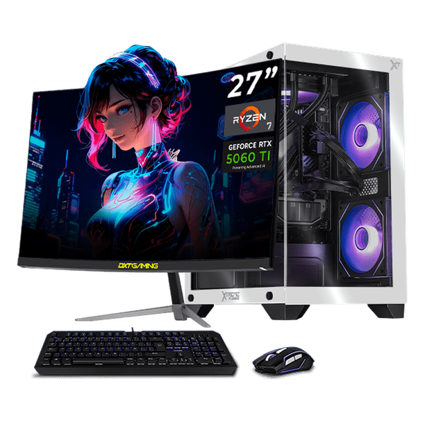PC Gamer Completa con IA Xtreme PC Gaming NVIDIA GeForce RTX 5060 Ti AMD Ryzen 7 5700X 32GB SSD 1TB Monitor Curvo 27 180Hz Sistema Liquido WIFI Black/White gaming 1080p, estudios y multitarea