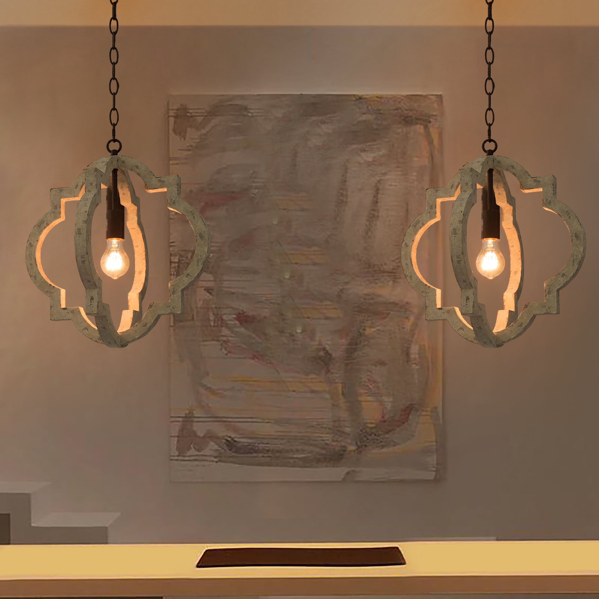 LNC 1-Light Farmhouse Wood Chandelier Pendant Light with Antique White Finish for Dining Room