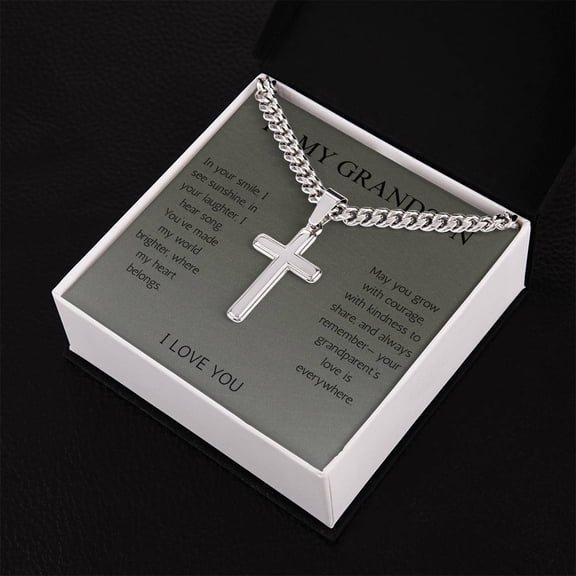 To My Grandson Cross Necklace Cuban Chain for Grandson From Grandma Grandpa Nana Graduation Birthday Christmas Gift Cross with Cuban Chain