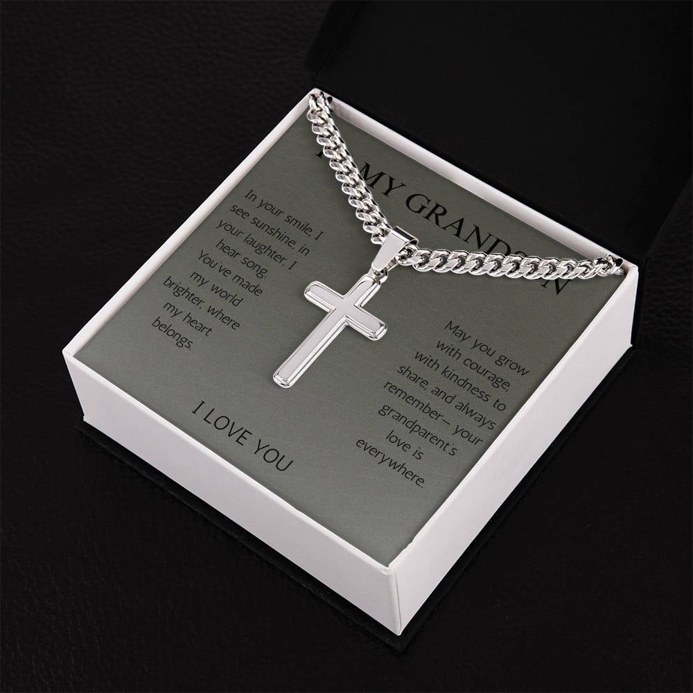 To My Grandson Cross Necklace Cuban Chain for Grandson From Grandma Grandpa Nana Graduation Birthday Christmas Gift Cross with Cuban Chain