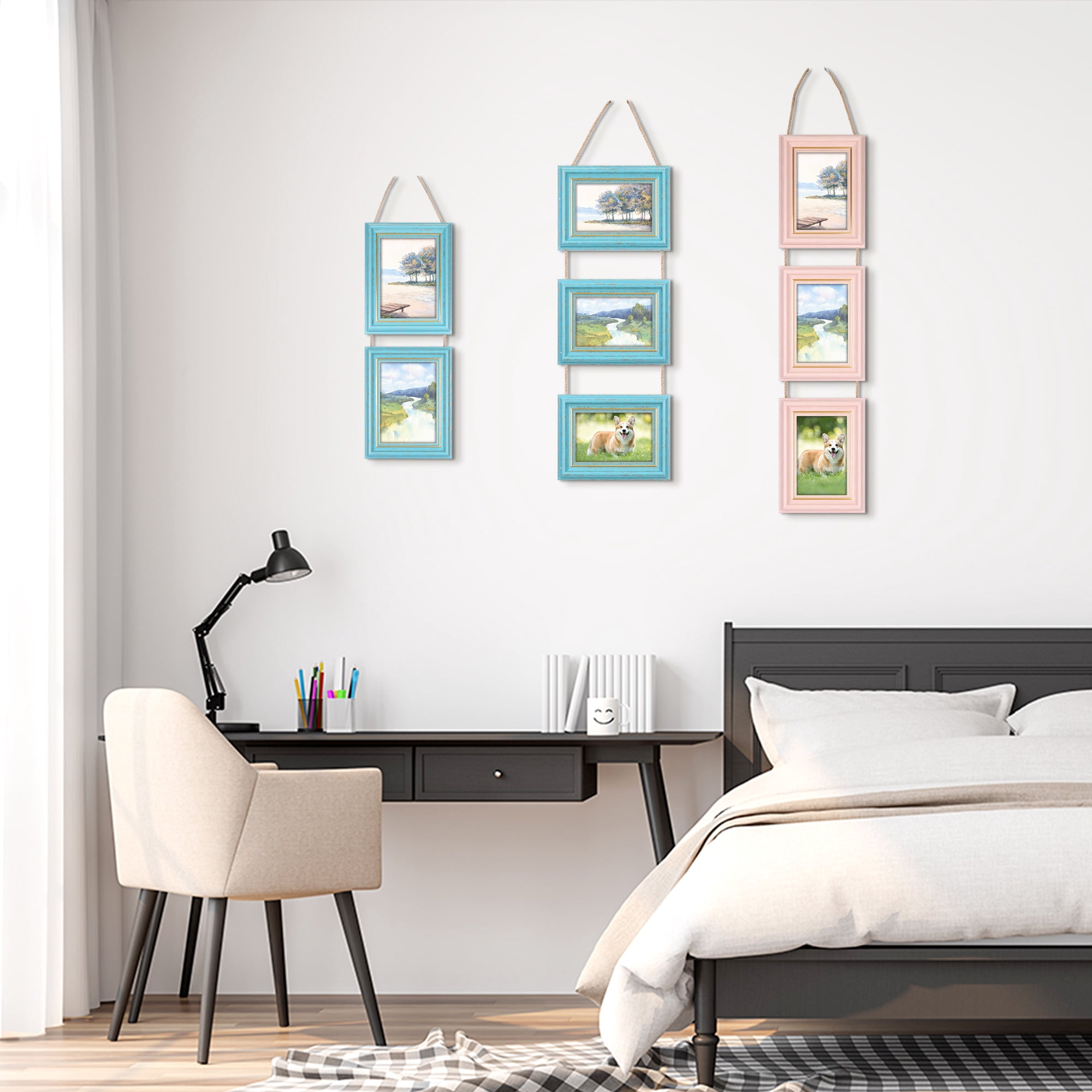 Unique Bargains Hanging Collage Picture Frame Wall Decor w Rope Blue Two Horizontal 5x7"