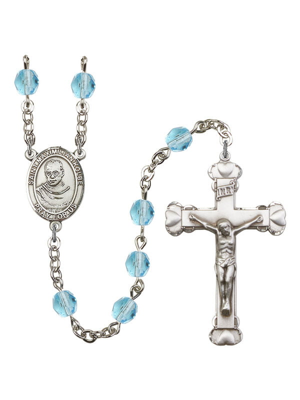 Bonyak Jewelry 18 Inch Rhodium Plated Necklace w/ 6mm Blue March Birth Month Stone Beads and Saint Maximilian Kolbe Charm 