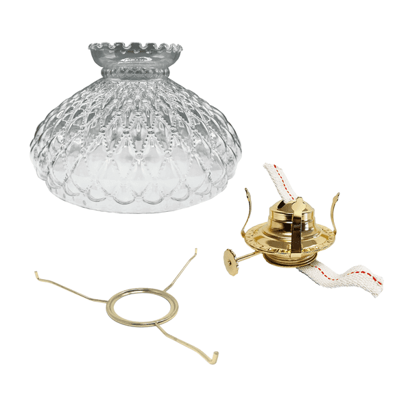 Light of Mine - Princess Feather Oil Lamp Replacement Kit Including 10" Clear Quilted Shade, 10" Flat Tripod, and No. 2 Brass Plated Burner