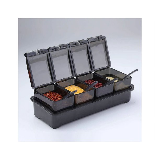 Juego de cajas para condimentos, 4 piezas, frascos para sal y especias, frascos para especias, recipientes para condimentos de cocina, frascos de almacenamiento con 4 cucharas, color negro